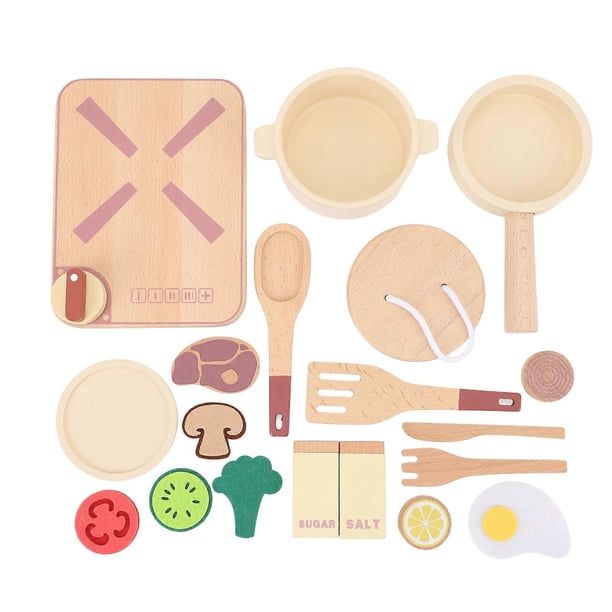 Kids Kitchen Accessories Wooden Toy Pot Dish Spoon Fork Foods Model Kitchen Food Cooking Toy Set for Toddlers