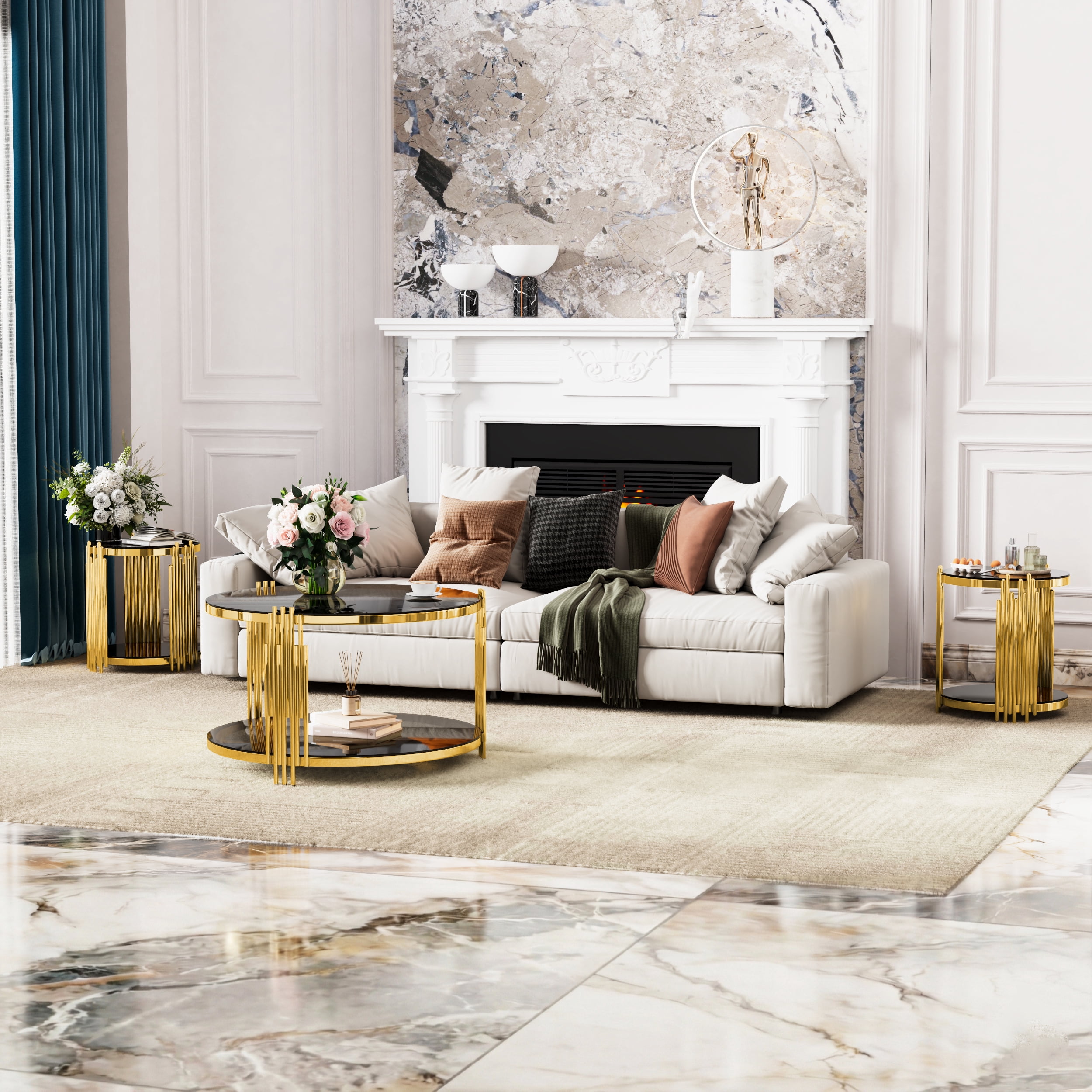 Euroco Living Room Table Set of 3 with 1 Coffee Table and 2 End Tables, Round, Tempered Glass, Asymmetrical Metal, Gold Finish & Lower Shelf, 31.5"