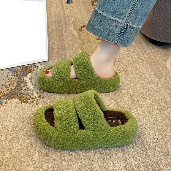 Gamivast Women's Slippers Fuzzy Open Toe Indoor Cozy Memory Foam Slip-on House Slides Shoes Warm Winter Platformed Chunky 2 Bands Slipper with Fleece Lining and Rubber Sole