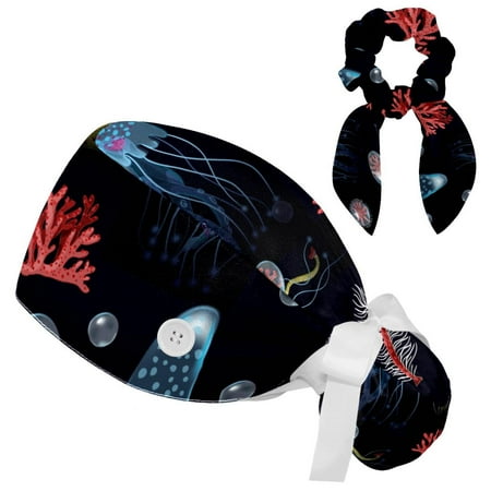 

Working Cap with Buttons and Sweatband Scrub Hat Bouffant Caps with Scrunchie Jellyfish Tie Back Hats