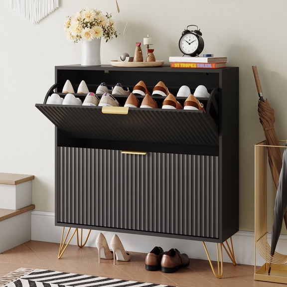 YouTrend Shoe Cabinet with 2 Flip Drawer,Fluted Wood Shoe Rack Storage Cabinet for Entryway,Black