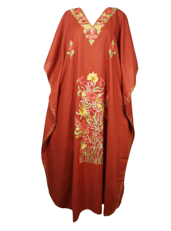 Mogul Wome Apple Red Kaftan Maxi Dress Boho Loose Floral Embroidery Kimono Sleeves Resort Wear Cover Up Housedress 4XL