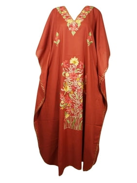 Mogul Wome Apple Red Kaftan Maxi Dress Boho Loose Floral Embroidery Kimono Sleeves Resort Wear Cover Up Housedress 4XL