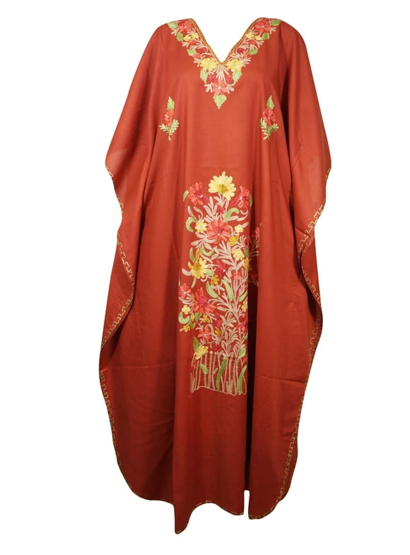 Mogul Wome Apple Red Kaftan Maxi Dress Boho Loose Floral Embroidery Kimono Sleeves Resort Wear Cover Up Housedress 4XL