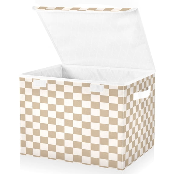 Wobogo Beige Checkered Large Collapsible Storage Box Flip Lid Fabric Decorative Organizer Container Basket with Handles 16.5×12.6×11.8in
