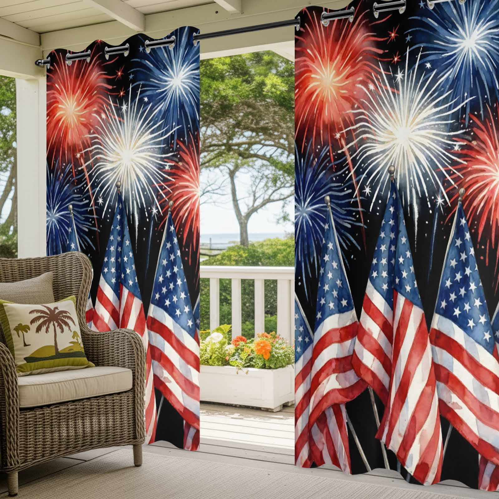 Independence Day Outdoor Curtains for Patio, American Flag Fireworks Starry Sky Abstract Watercolor Sunshade Privacy Drapes Grommet Waterproof Outside Curtains for Porch Balcony 54"x95", 2 Panel