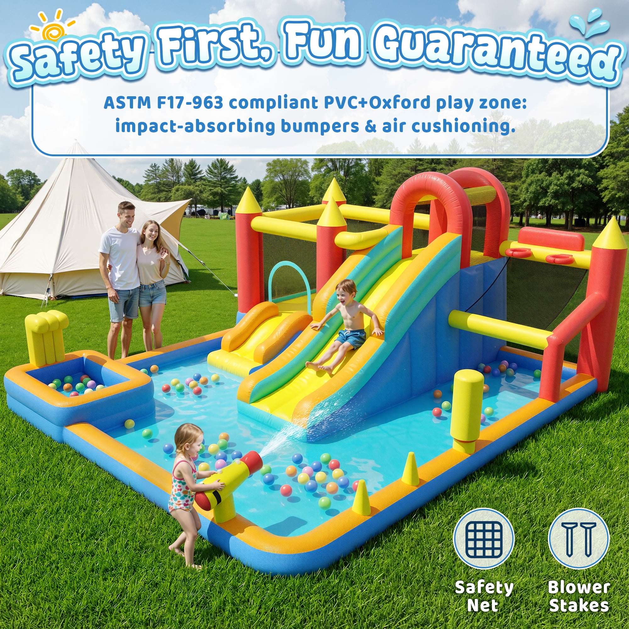 Sunnyfree 13 in 1 Inflatable Bounce House, 185" × 157" × 83" XXL Inflatable Water Slide, 196in power cord, Fishing Game, Double Water Slides, Basketball Hoop, Climbing Wall, Indoor&Outdoor