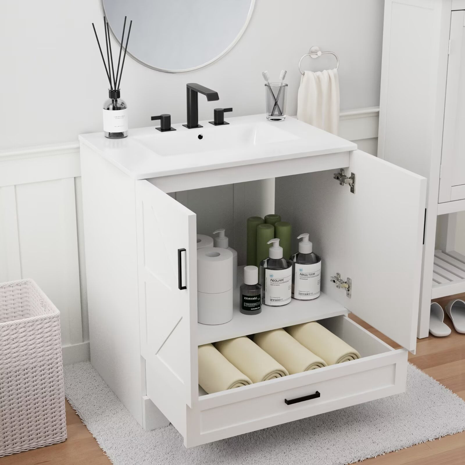 30" Farmhouse Bathroom Vanity with Ceramic Sink, Floor Standing Single Basin Vanity Set, Bathroom Cabinet with Drawer 2 Soft Closing Doors and Metal Handle, White