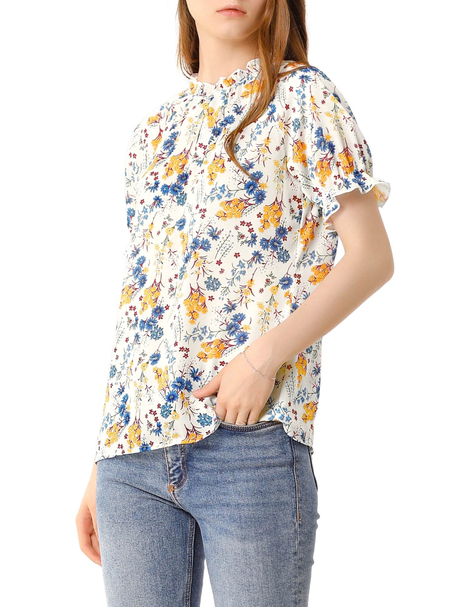 DARING DIVA Women's Floral Ruffled Neck Short Sleeves Top Blouse XS White Blue