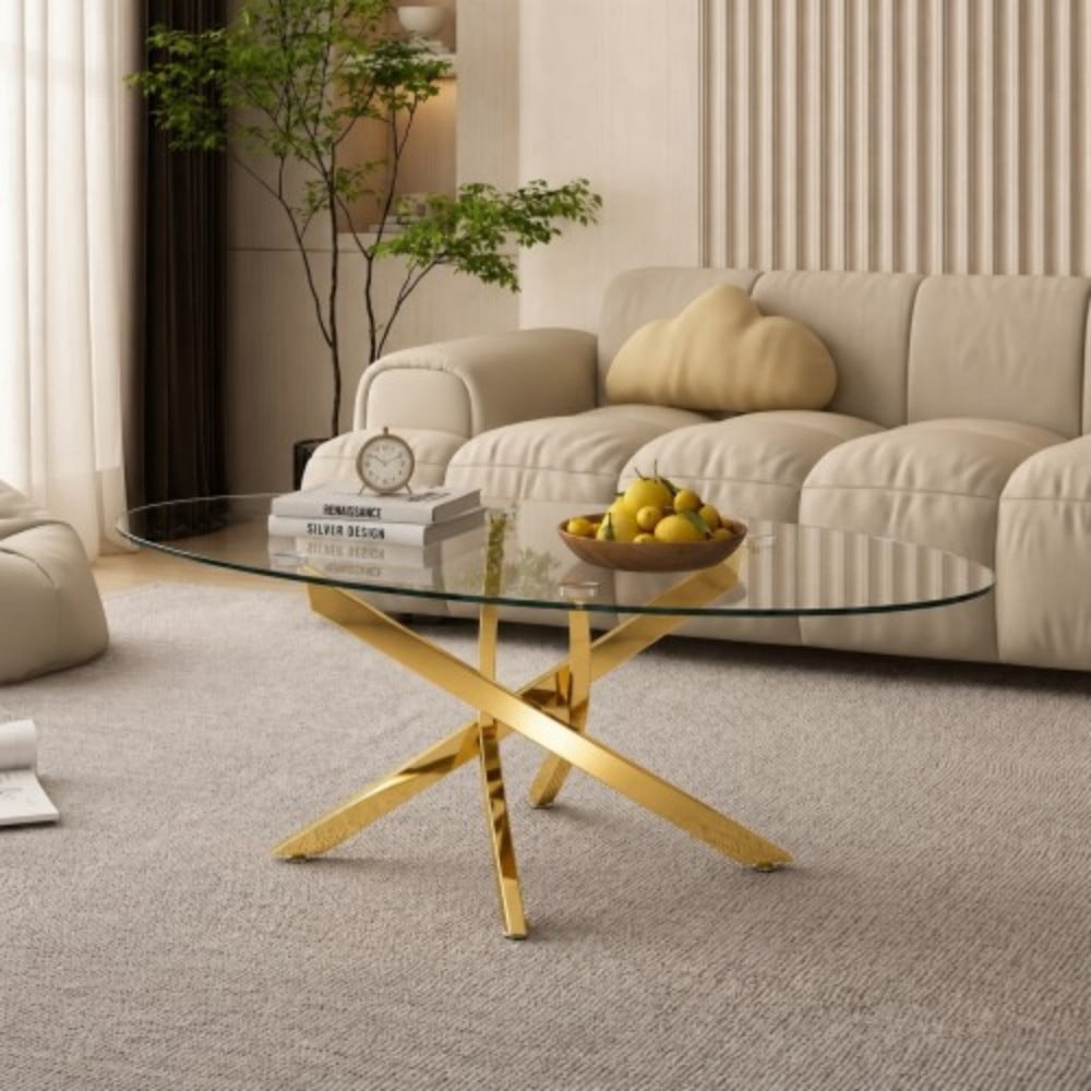 Oval Coffee Table, 39.37" Tempered Glass Top with Gold Cross Legs, Modern Side Table, Tea Table for Living Room, Apartment, Cafe