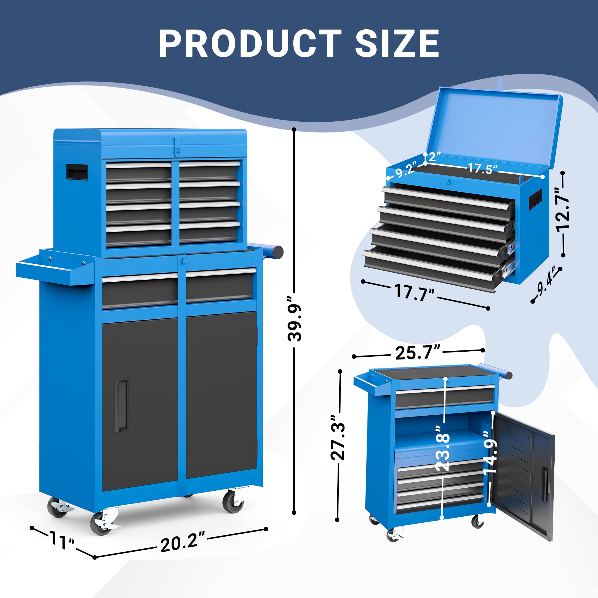 MUCHANT 5-Drawer Rolling Tool Chest, 2-in-1 Tool Box& Cabinet with Wheels, Drawers and Removable Top Tool Box for Garage, Warehouse, Workshop, Repair Shop, Blue
