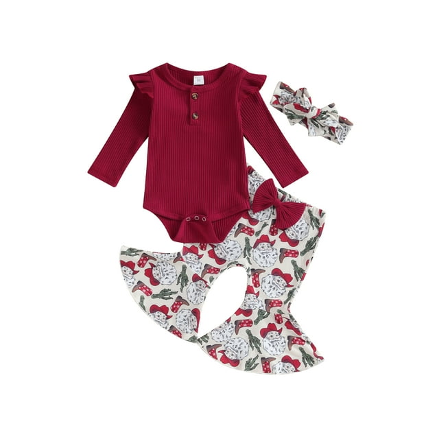 Gupgi Baby Girls Christmas Outfits Long Sleeve Ribbed Romper Santa Print Flare Pants Headband Set