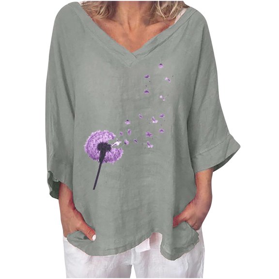 Fesfesfes Women Plus Size Womens Tops Women's Fashion Printed V- Neck Three Quarter Sleeve T-shirt Blouse Loose Tops Women Shirts 16(XXXXL)