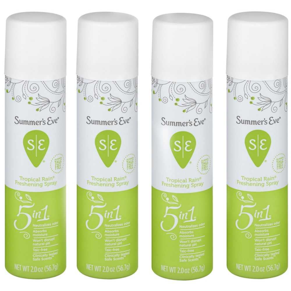 4 Pack Summer's Eve 5 in 1 Freshening Spray, Tropical Rain Deodorant