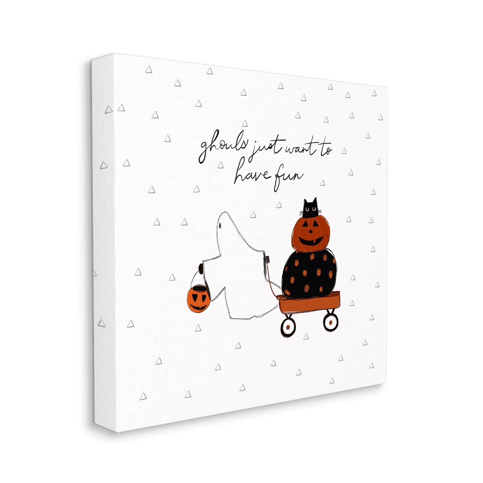 Playful Ghost Script Quote Pumpkins Cat In Wagon Fairy Tales & Fantasy Graphic Art Gallery-Wrapped Canvas Print Wall Art