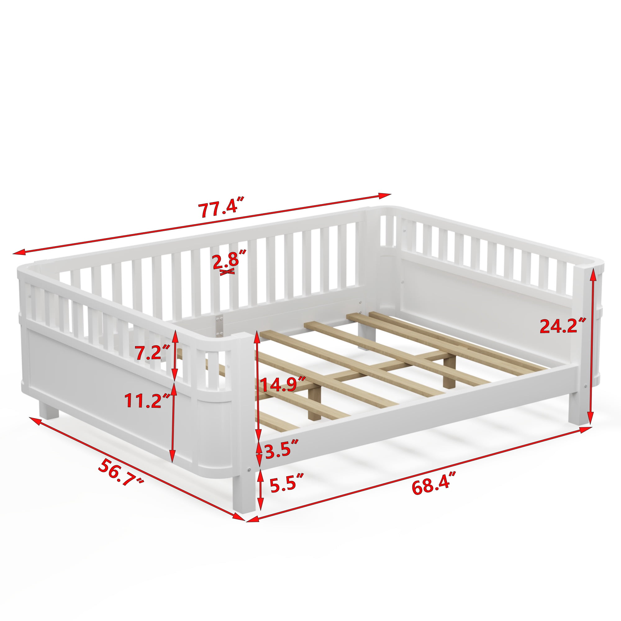 Sesslife Toddler Bed, Wood Full Platform Bed Frame, Full Size Bed Frame with Salts and Safety Fence for Boys Girls, Low Profile Bed Full with Removable Guardrail, No Box Spring Needed, White