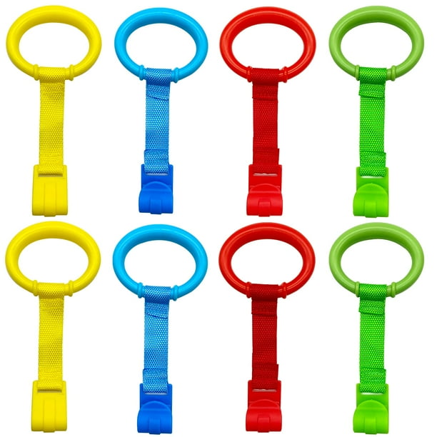 8 anillos para tirar de cuna de bebé, 4 colores, anillos de pie para cama de bebé, anillos para colgar en cuna, anillos de pie para asistente para caminar para bebés y niños pequeños
