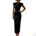 thumbnail image 2 of Ygbgbb Women Stand Collar Cap Sleeve Midi Bodycon Dress, Deep V‑Split Slim‑Fit Formal Dress for Cocktail Parties, Wedding Guest Black S, 2 of 8