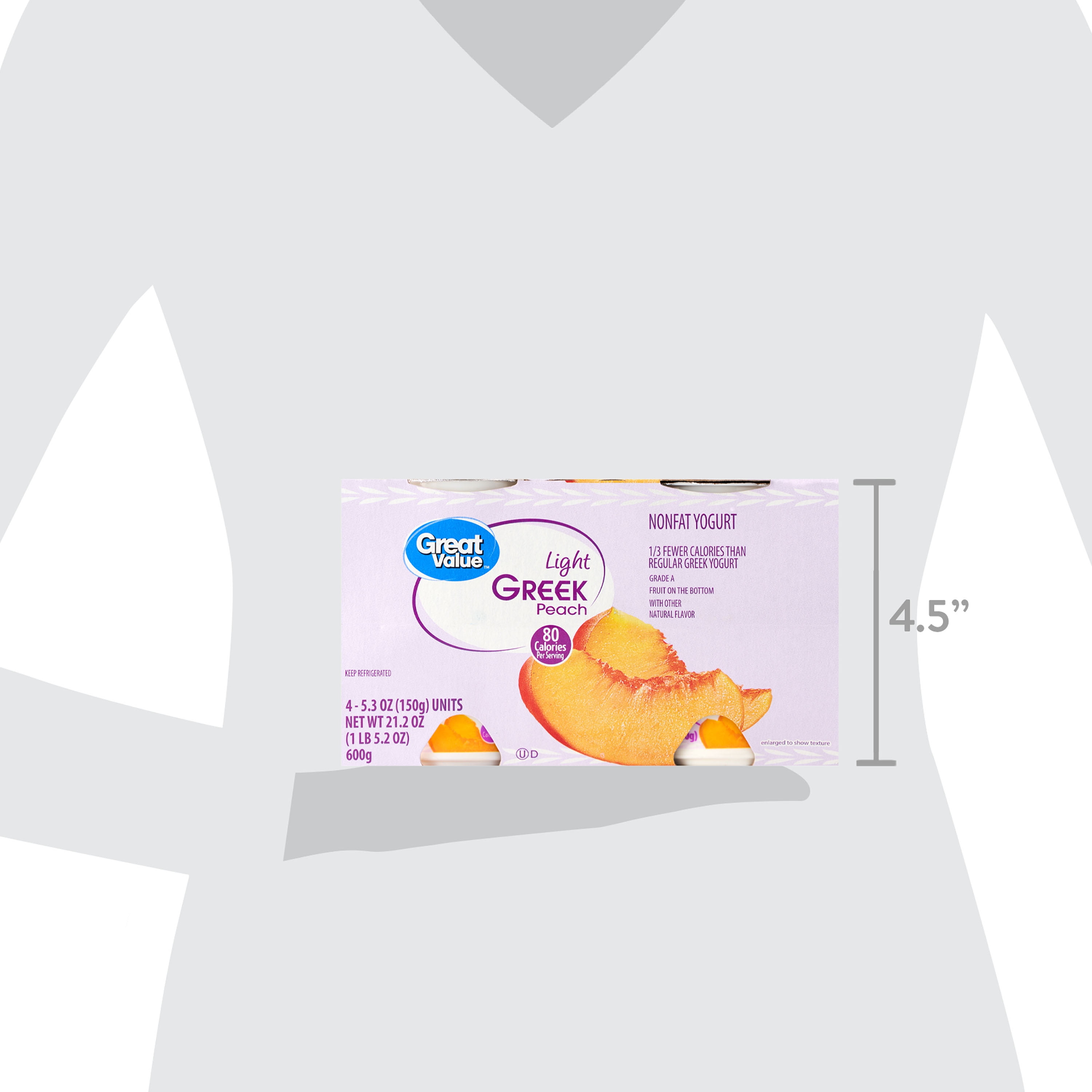 Great Value Light Peach Nonfat Greek Yogurt, 5.3 oz Cups, 4 Pack