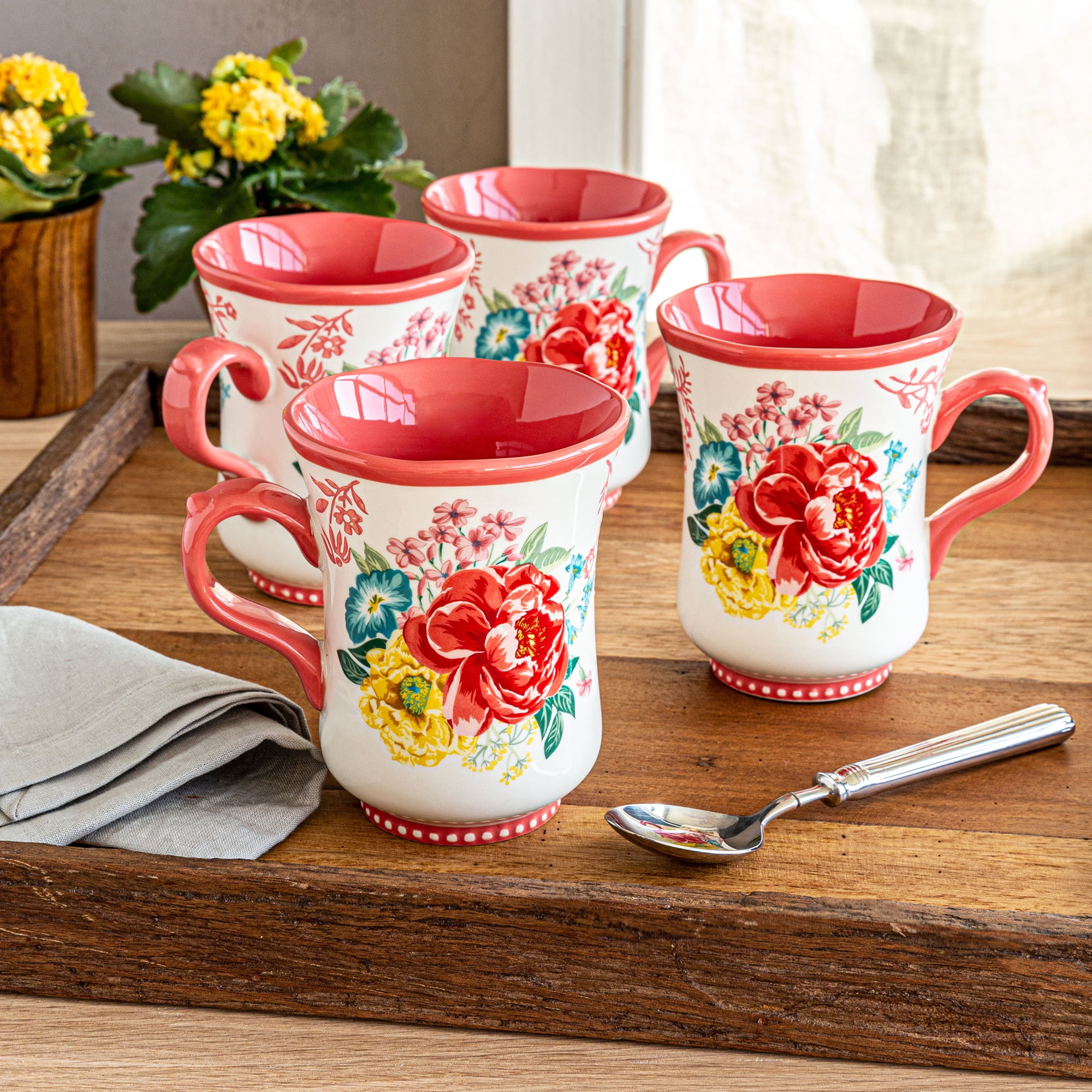 (2 pack) The Pioneer Woman Fancy Flourish 18 Fluid Ounce Stoneware Mug, Pink