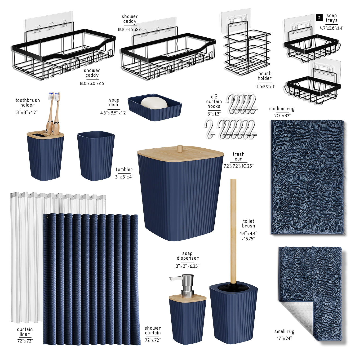 Lammaloe Navy Blue Bathroom Accessories Sets and Shower Caddy for Bathroom Sets with Shower Curtain Sets and Rugs and Accessories for Bathroom Decor with Toothbrush Holder