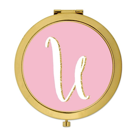 Koyal Wholesale Gold Compact Mirror Bridesmaid's Wedding Gift, Blush Pink Faux Gold Glitter, Monogram Letter U, 1-Pack