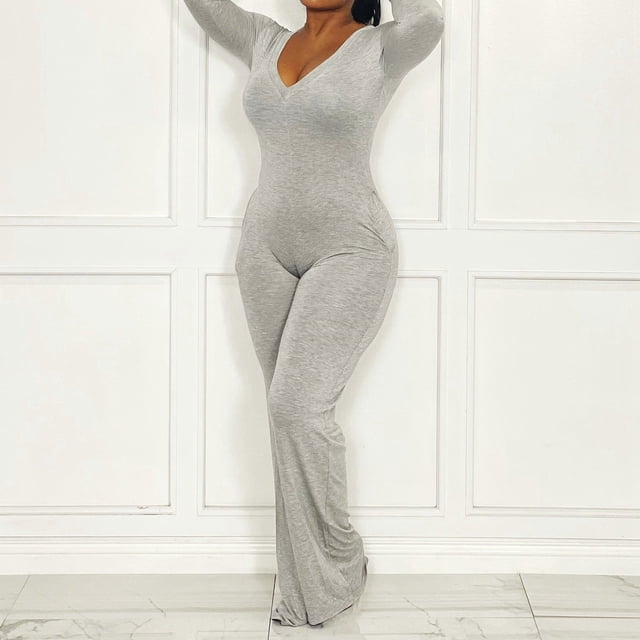 WILLBEST Jeans pour Femmes Combinaison Bas Serré Col en V Sexy Manches Longues Combinaison Femmes Extérieur
