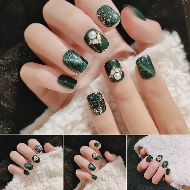 Press On Nails HUOGUO, diseño corto de perlas verdes, 24 unidades
