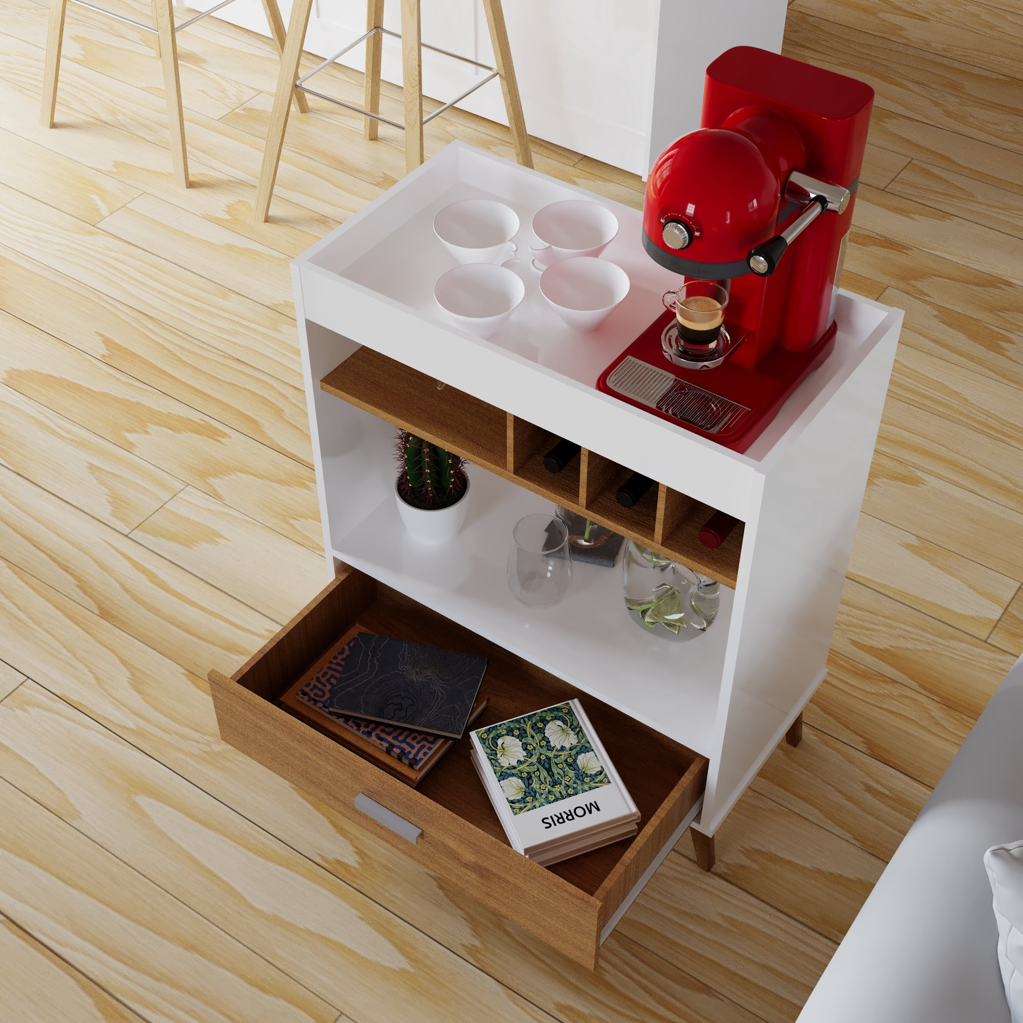 Ember Interiors Stirling White-Brown Mini Bar with Wine Storage, Drawer, and Shelf – Compact Design for Adults
