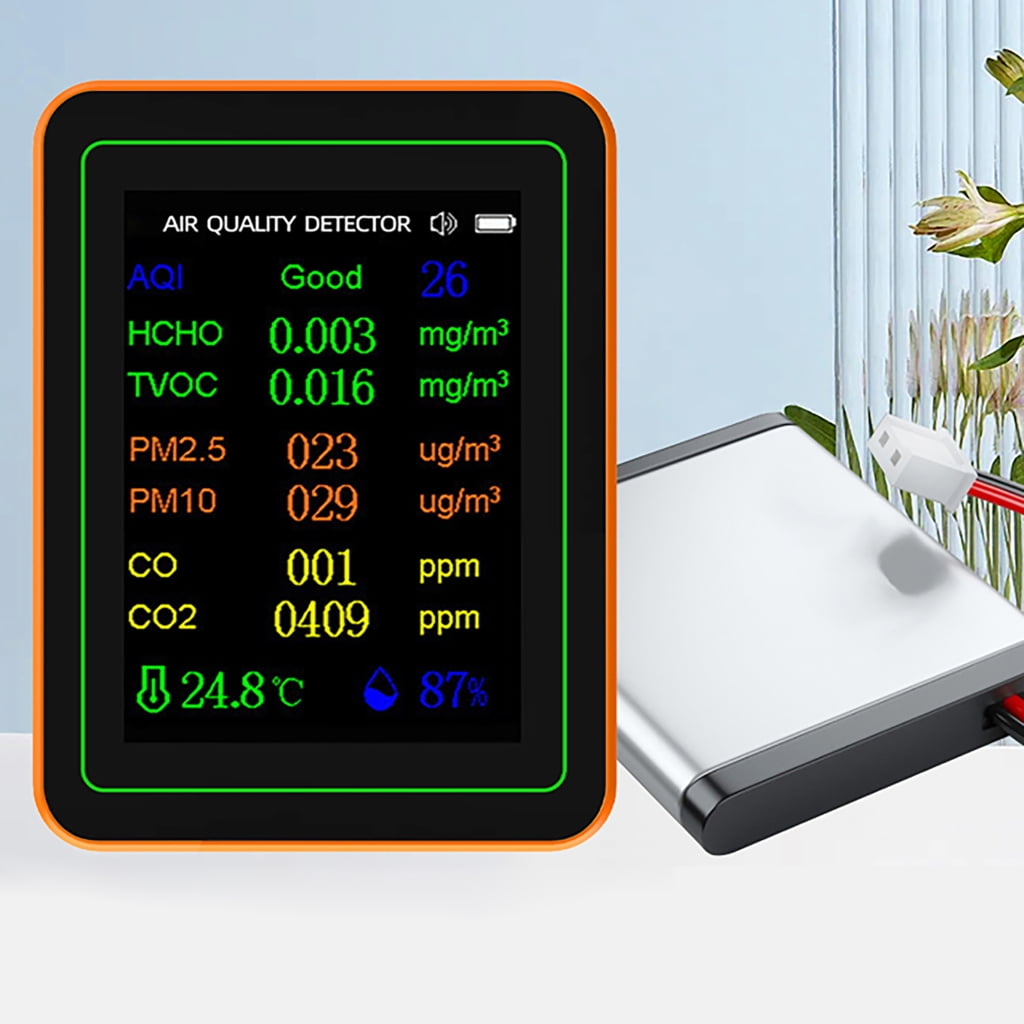 Osdhezcn Air Quality Pollution Meter HCHO TVOC CO CO2 PM2.5 PM10 Temperature Humidity Meter with Buzzers Tester Color Display