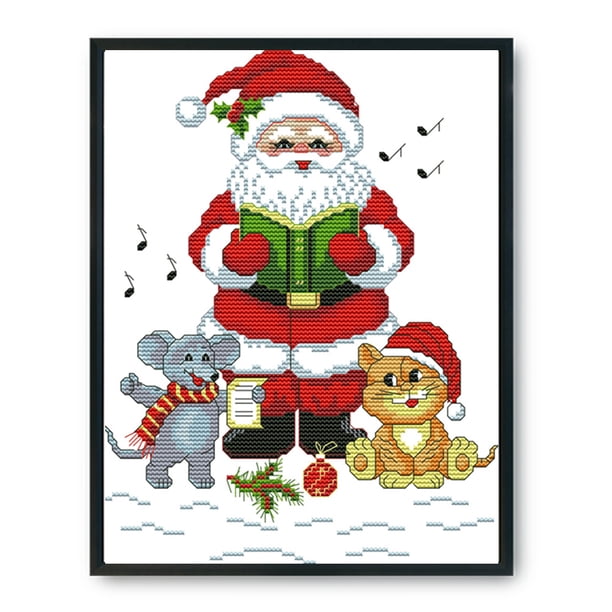 Cuadros Decorativos Kits de bordado estampado de punto de cruz de Navidad de 14 quilates (C041 Gato de Papá Noel) Likrtyny embutido en tela