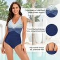 thumbnail image 3 of Zando Plus Size One Piece Swimsuit for Women V Neck Tummy Control Bathing Suit Crossover Ruched Stripe Women Swimwear Navy Blue Stripes 3XL, 3 of 8