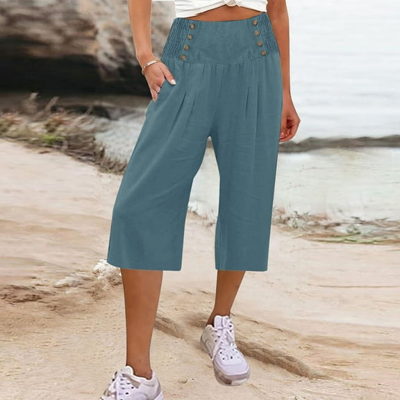 Hauaitttt Women Summer Casual Loose Wide Leg Trousers Cropped Pants with Pockets Stretch Dress Pants for Women Business Casual Womens Casual Pants Size 14 Petite Dress Pants for Women Business Casual