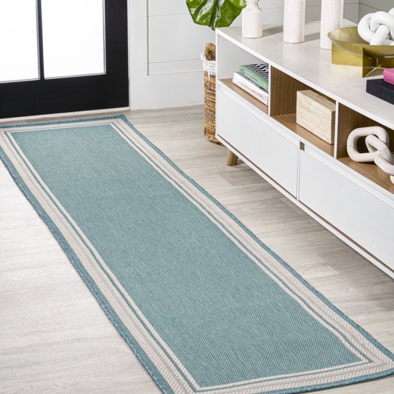 JONATHAN Y SANTA MONICA 2 x 8 Runner Rug, James Border Stripe - Aqua/Beige, SMB201B-28