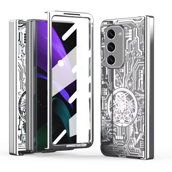 MonsDirect for 7.6 inch Samsung Galaxy Z Fold 2 5G 2020 Case, Mechainical Gear Clear Plating Frame Hard PC Back Shell With Screen Protector, Slim Folding Hinge Protection for Galaxy Z Fold 2, Silver