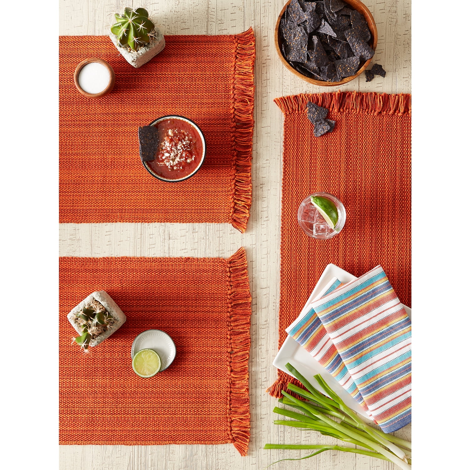 Contemporary Home Living Knotted Fringe Rectangular Woven Cotton Placemats - 19" - Burnt Orange -