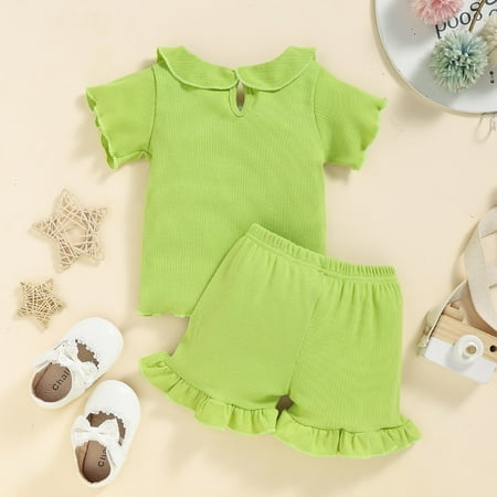 

TOWED22 Baby Girls Summer Clothes Baby Girls Summer Knit Outfits Button Halter Romper Ruffle Drawstring Shorts Pants 2Pcs Clothes Sets Green