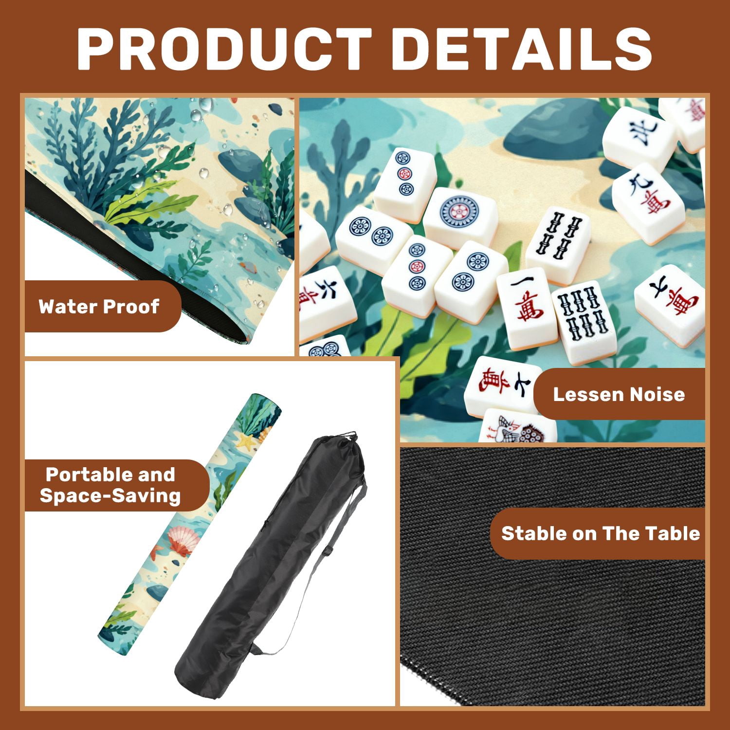 Mahjong Mat 31.5" x 31.5" Tropical Palm Tree Watercolor Beach Umbrellas Coastal Non-Slip Noise Reduction American Mahjong Tiles Table Cover for Dominoes Poker Card Board Games Gift