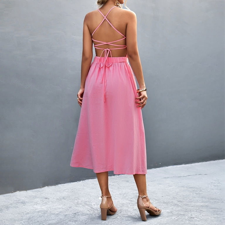 VBARHMQRT Female Pink Mini Dress Women's Backless Button Belted Waist  Hanging Neck Sexy Dress Casual Skirt Wedding Dress New Years Eve. Women's  Dresses