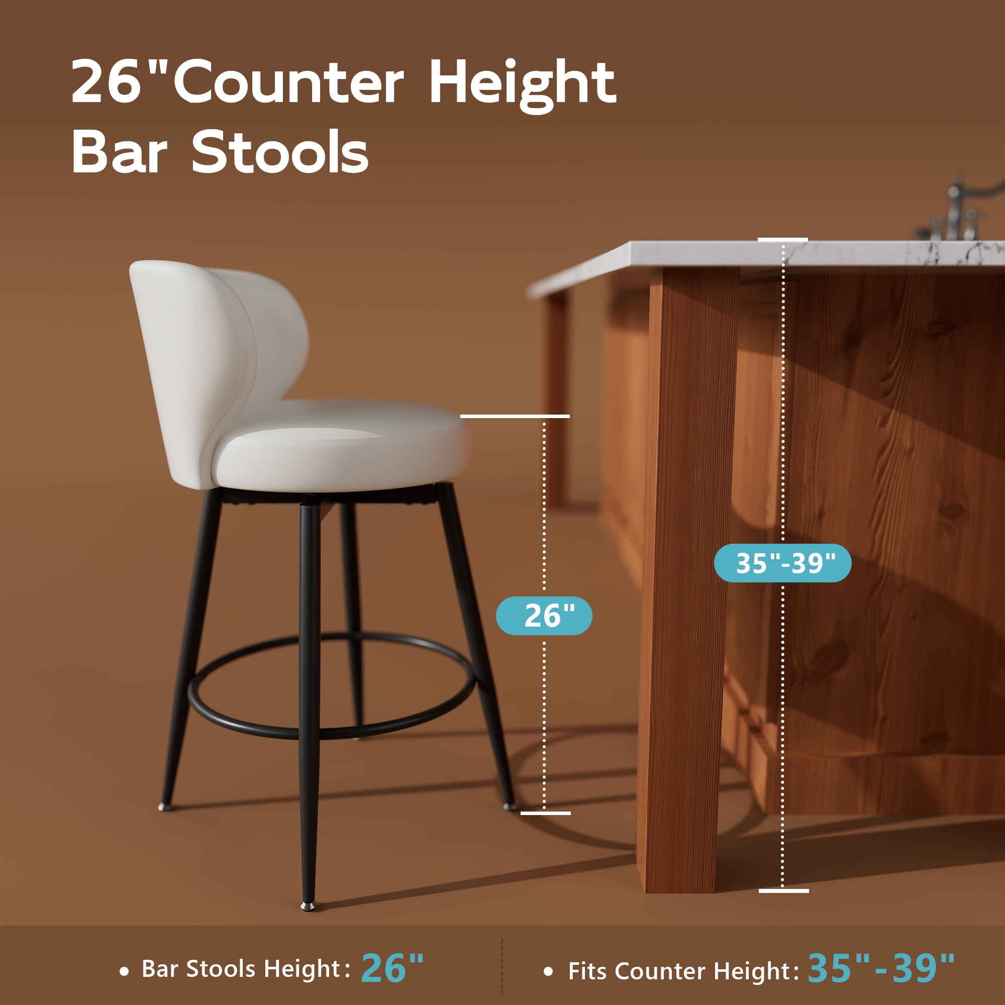 Homezeer 26" Bar Stools Set of 4, Low Back Counter Height Bar Stools with Round Seat, PU Leather Swivel Bar Chair for Kitchen, White