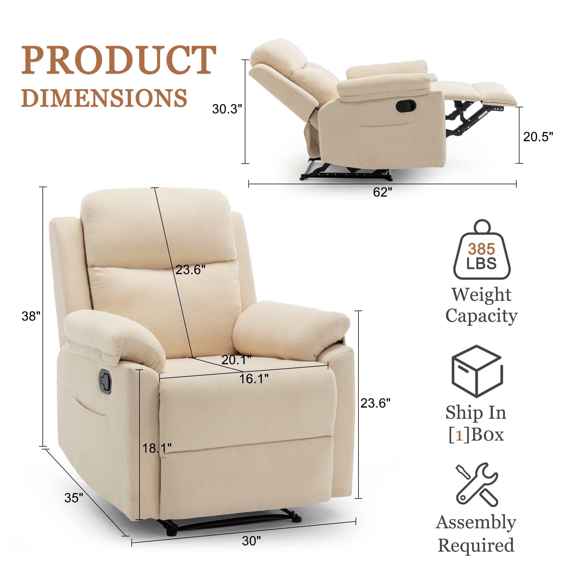 Korser Manual Small Recliner Chair for Small Spaces for Living Room,Corduroy,Beige