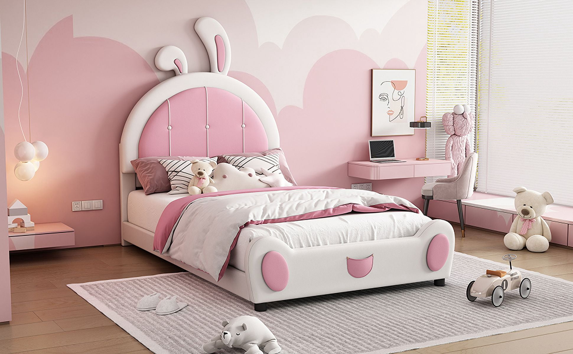 Mintazer Twin Size Upholstered Bed with Bunny Shaped Headboard, Platform Bed for Kids Adult Girl Bedroom Apartment, White & Pink