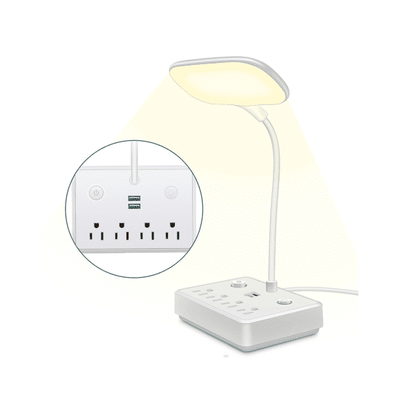 2-in-1 Desk Lamp with USB Charging Ports and Power Outlets, Flexible Gooseneck Table Light for Bedroom Nightstand