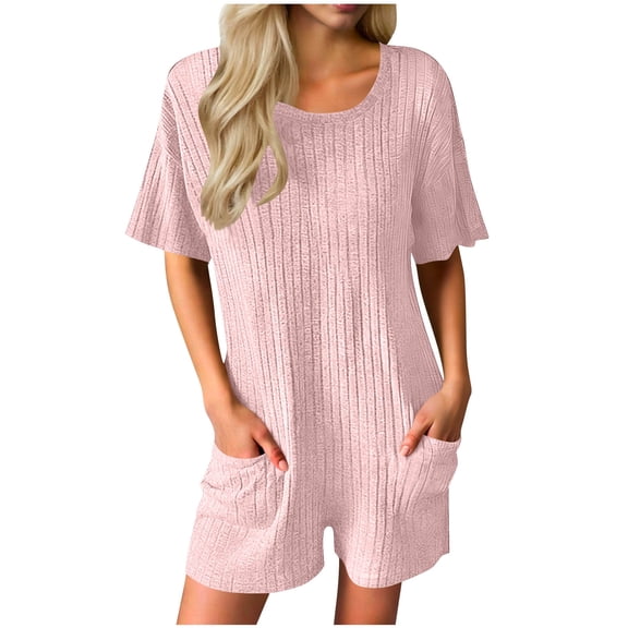 Hurxie Womens Rompers Casual Ribbed Short Sleeve T-Shirt Tee Romper Summer Outfits with Pockets Pink,M