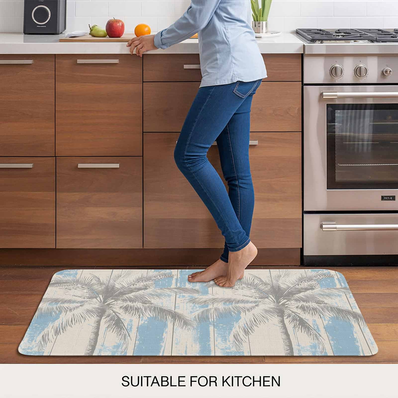 Palm Tree Doormat Outdoor Entrance 18"x30", Blue Tropical Plant Summer Retro Wood Plank Absorb Moisture Dirt Door Mats, Non-Slip Rubber Backing Floor Mats Indoor, Low-Profile Front Door Rugs