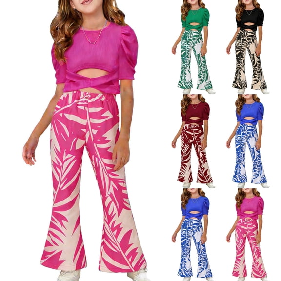 Babcutegg Girls Summer Two-Piece Outfit – Puff Sleeve Short Top & Printed Wide-Leg Pants Set for Kids Black Size 5-6