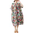 thumbnail image 1 of Casual Slip Femme Ethnique Style Mi-Mollet Imprimé Floral Mi-Longueur Robe en Lin en Vrac Col Rond Manches Mi-Manches Manche Raglan Multicolore Taille Unique (5612), 1 of 5