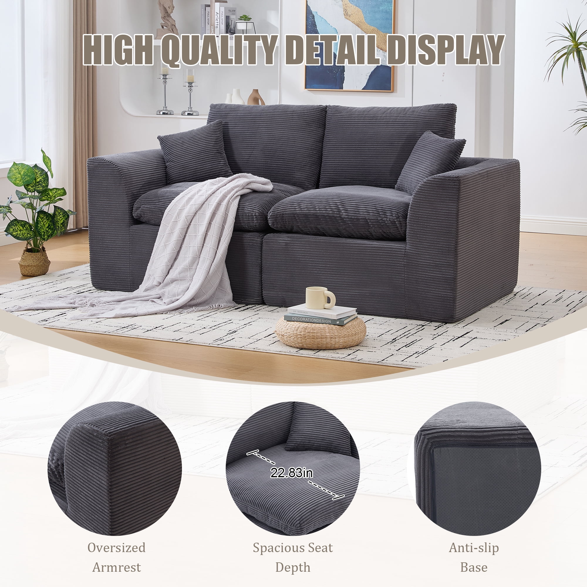MOONMISS 80.3" Oversized Modular Sofa, Upholstered Corduroy 2 Seat Deep Seat Cloud Couch for Living Room Bedroom, No Assembly Required,Gray