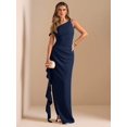 thumbnail image 3 of Navy Blue One Shoulder Ruched Wrap Maxi Dress With Asymmetrical Ruffle Hem, 3 of 7