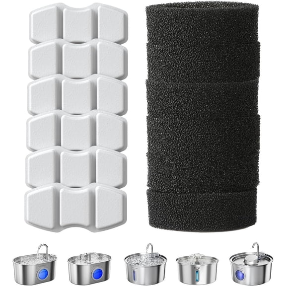 Replacement Filters for Cat Water Fountain, 6 Carbon Filters & 6 Foam Sponges Compatible with Invengo MeowFlow B40P & B50 Pet Water Fountains